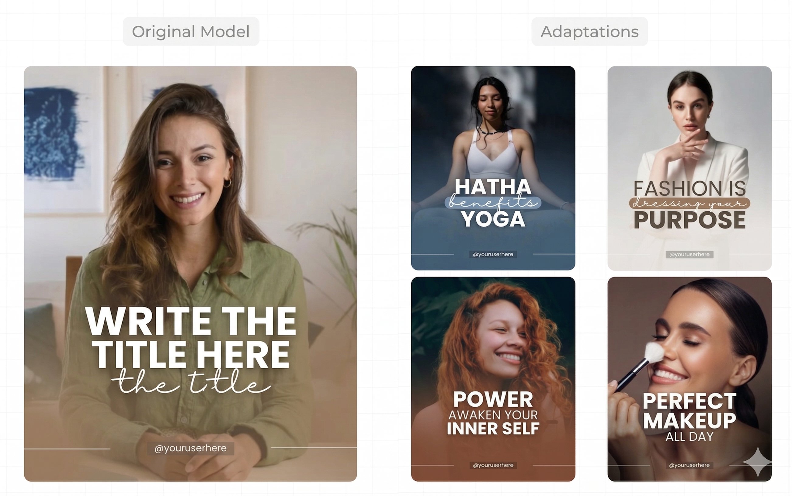 Before and after: original template adapted for yoga, fashion, wellness, and beauty profiles